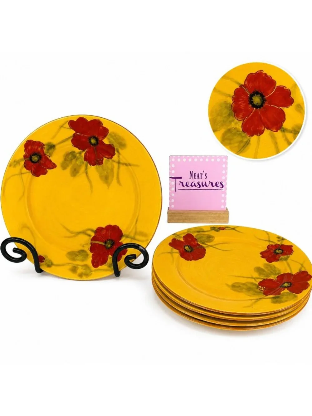 Living Quaters FLEUR DE PARADIS Red Hibiscus Ceramic Lunch Salad Plates Set 4